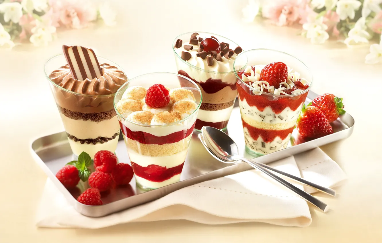 Photo wallpaper glass, raspberry, chocolate, spoon, cream, dessert, sweet