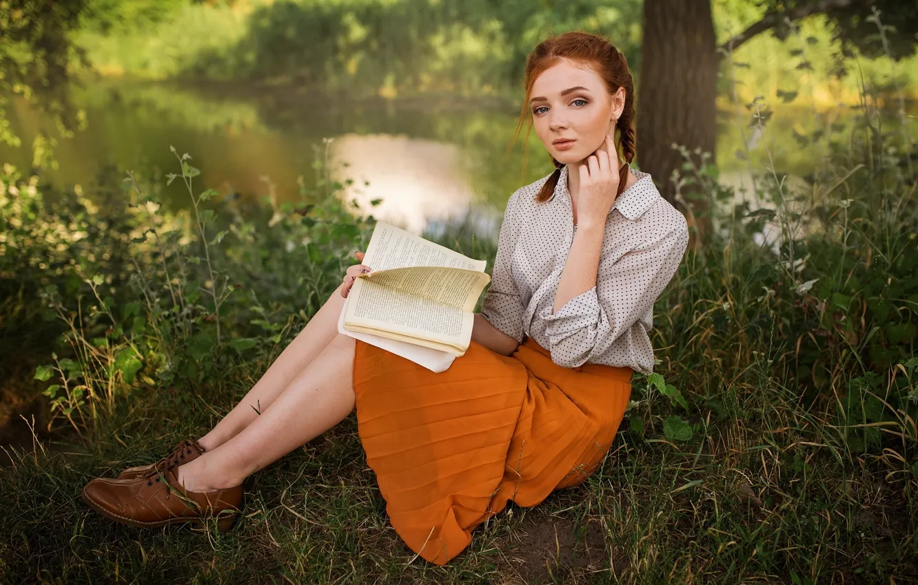 Photo wallpaper grass, look, water, girl, nature, face, skirt, blouse