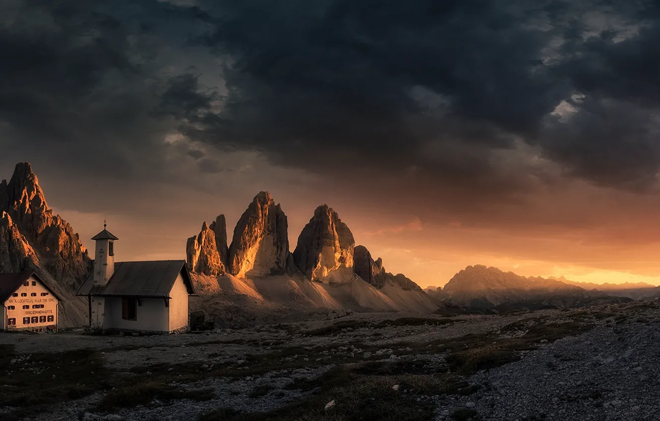 Photo wallpaper clouds, sunset, mountains, The Dolomites