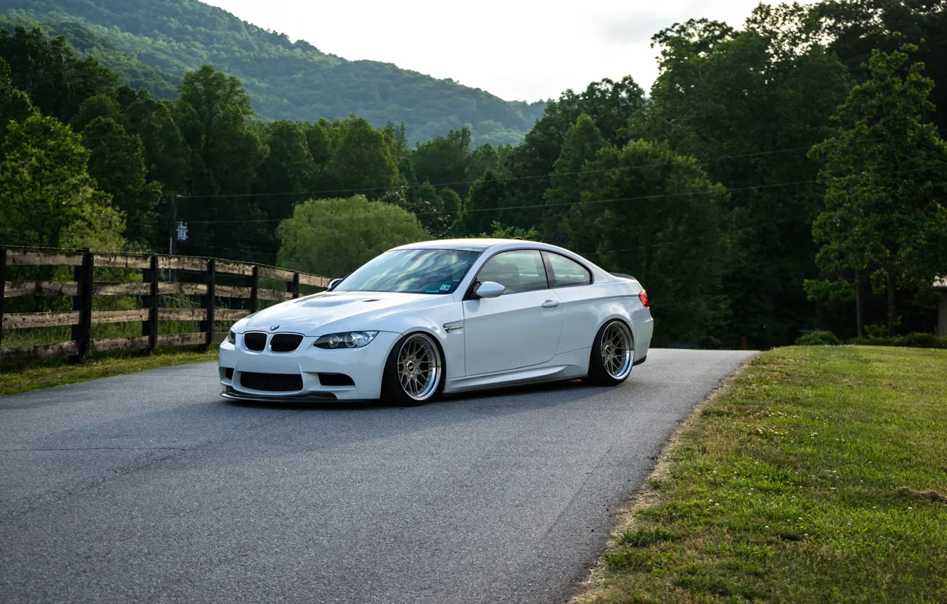 Photo wallpaper White, E92, Road, Fence, M3