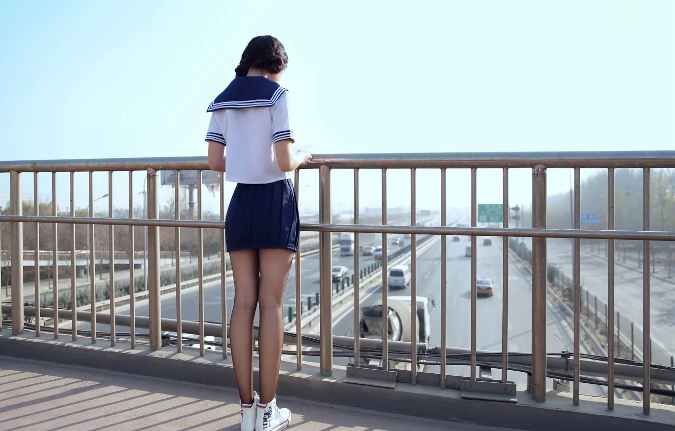 Photo wallpaper girl, beautiful, model, asian, skirt, tights, sneakers