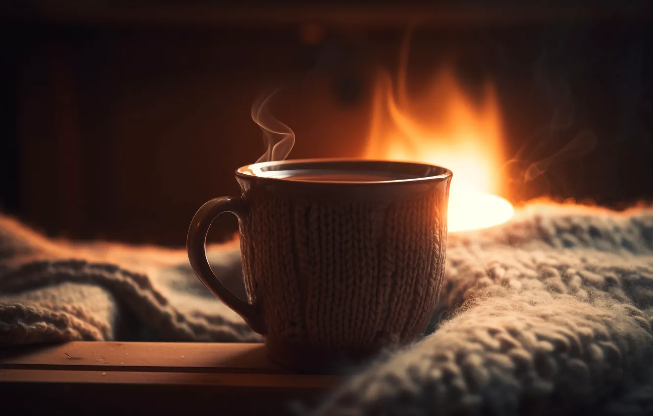 Photo wallpaper lights, comfort, heat, flame, tea, hot, mug, Cup