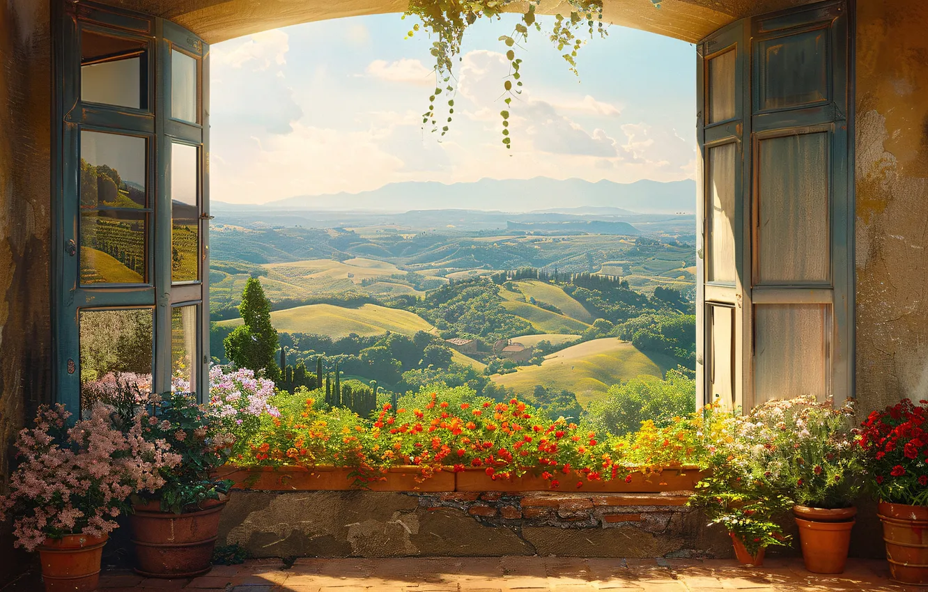 Photo wallpaper flowers, view, window, AI art, neural network
