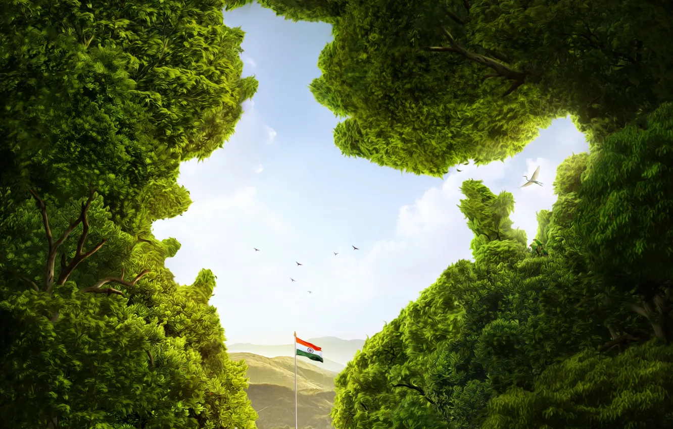 Photo wallpaper greens, the sky, trees, mountains, birds, nature, India, flag