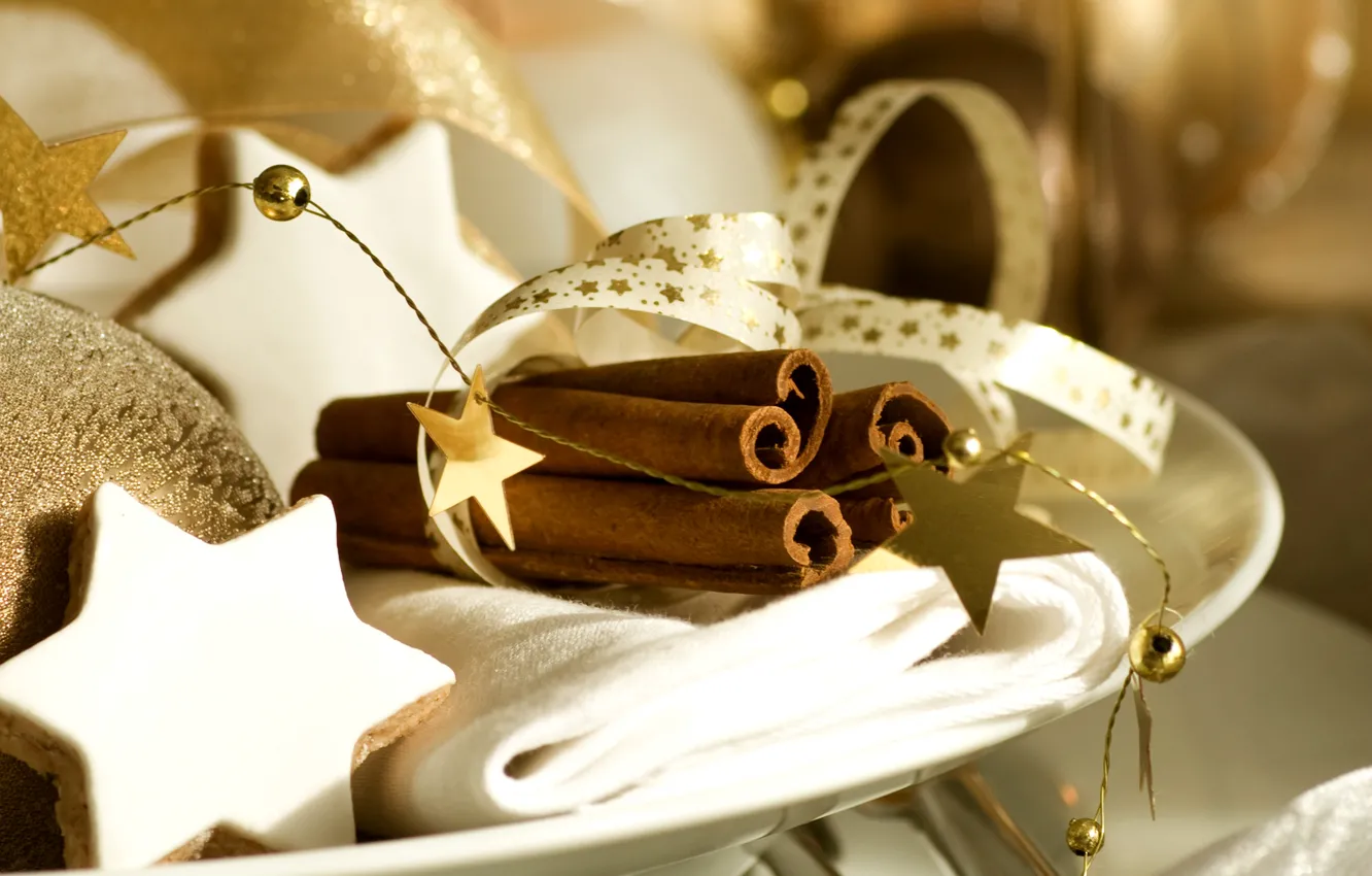 Photo wallpaper winter, stars, holiday, toy, new year, sticks, cookies, plate
