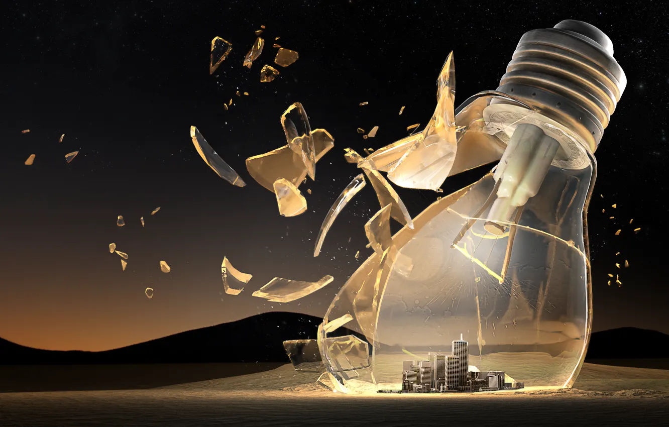 Photo wallpaper city, glass, light bulb