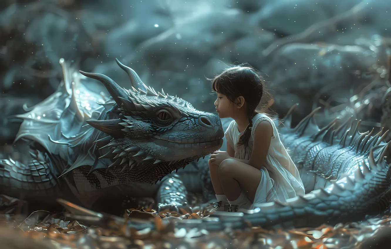Photo wallpaper face, pose, grey, dragon, fantasy, girl, lies, Asian