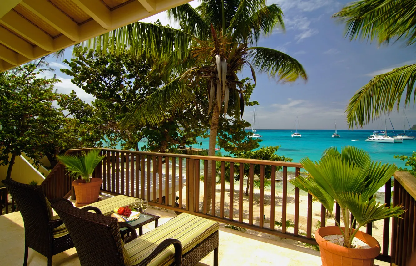 Photo wallpaper sea, beach, stay, view, horizon, relax, balcony, terrace