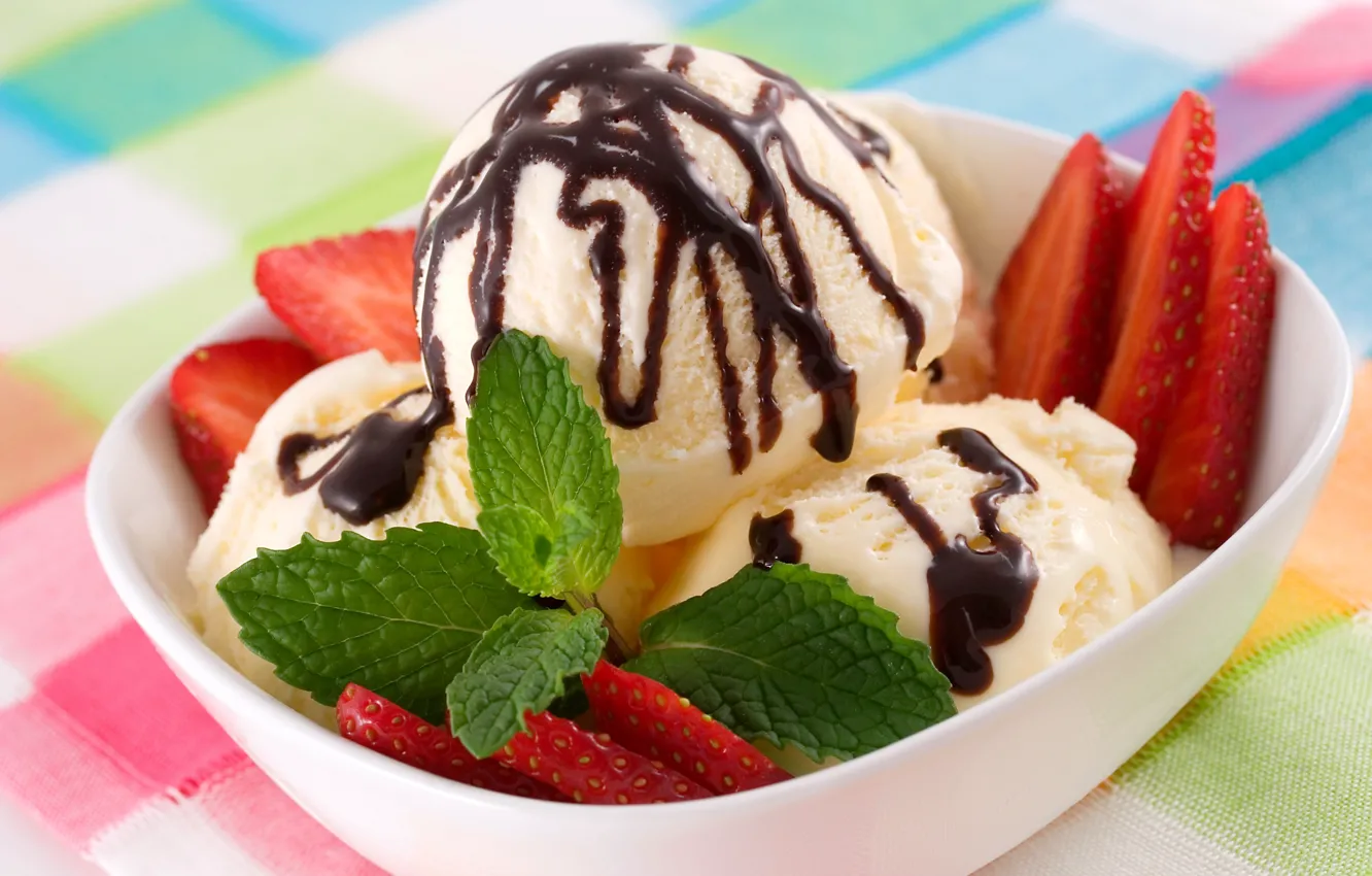 Photo wallpaper berries, chocolate, strawberry, ice cream, mint, dessert
