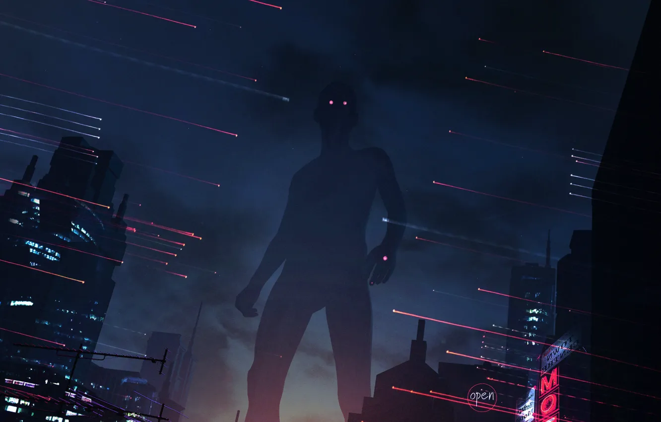 Photo wallpaper night, city, the city, silhouette, giant, science fiction, art, Concept Art