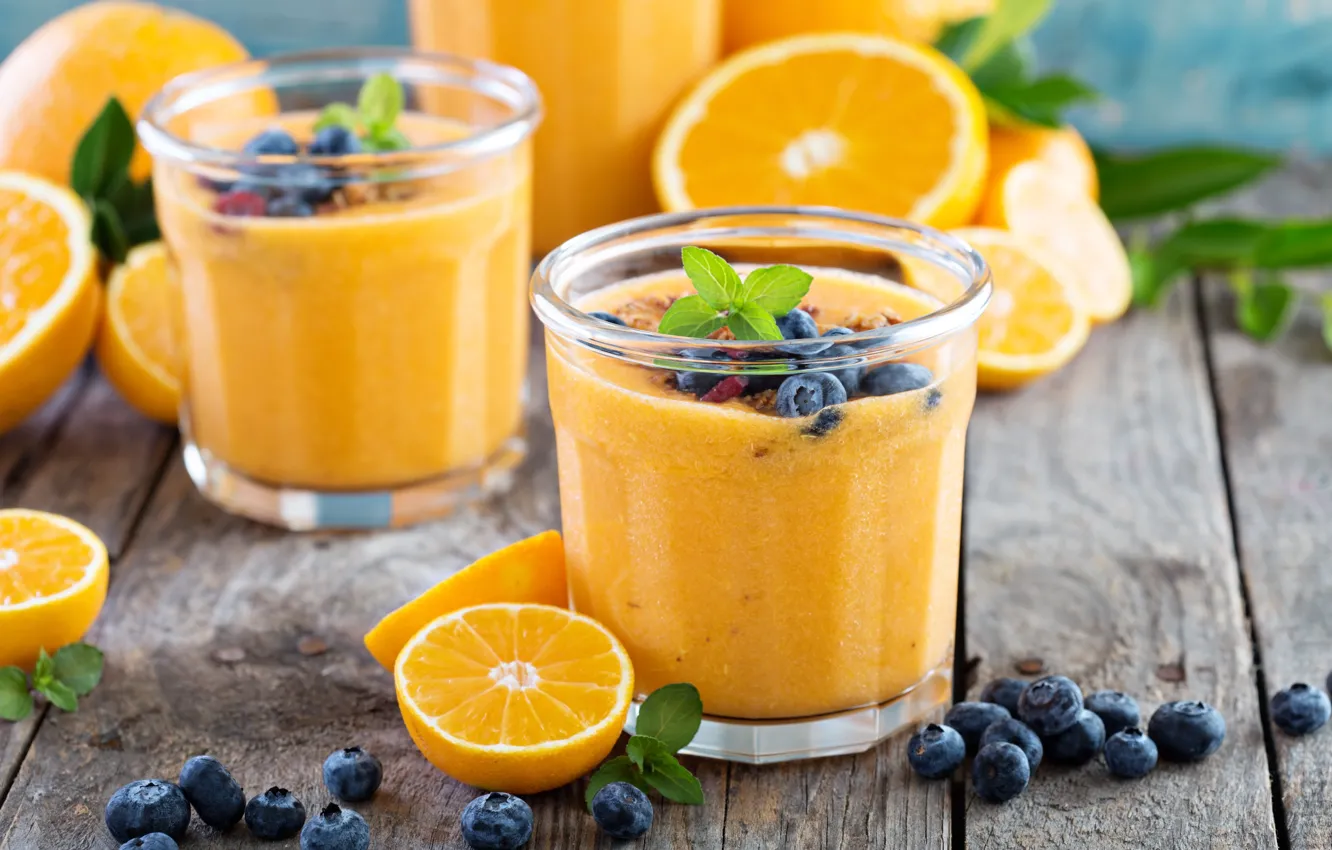 Photo wallpaper orange, blueberries, drink, mint, fresh, smoothies