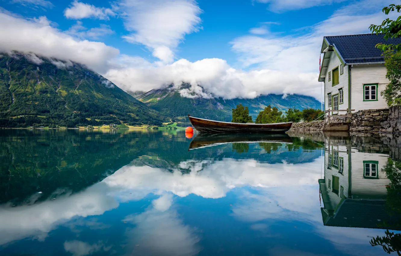 Photo wallpaper clouds, landscape, mountains, nature, house, reflection, boat, Norway