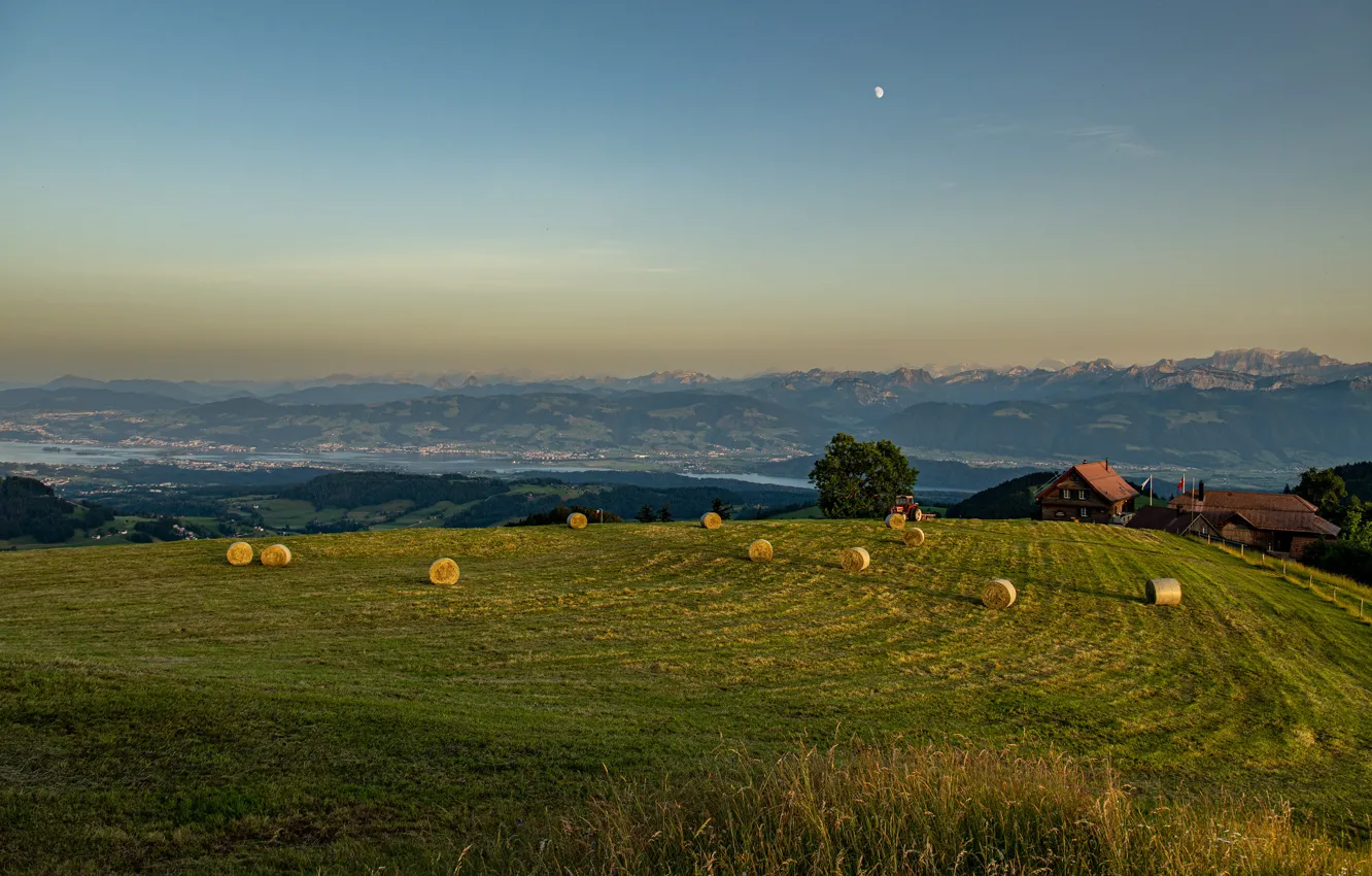 Photo wallpaper field, the sky, mountains, the moon, dal, village, hay, tractor