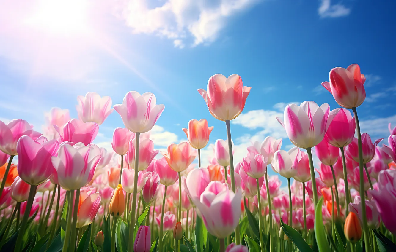 Photo wallpaper field, flowers, spring, colorful, tulips, sunshine, flowering, pink