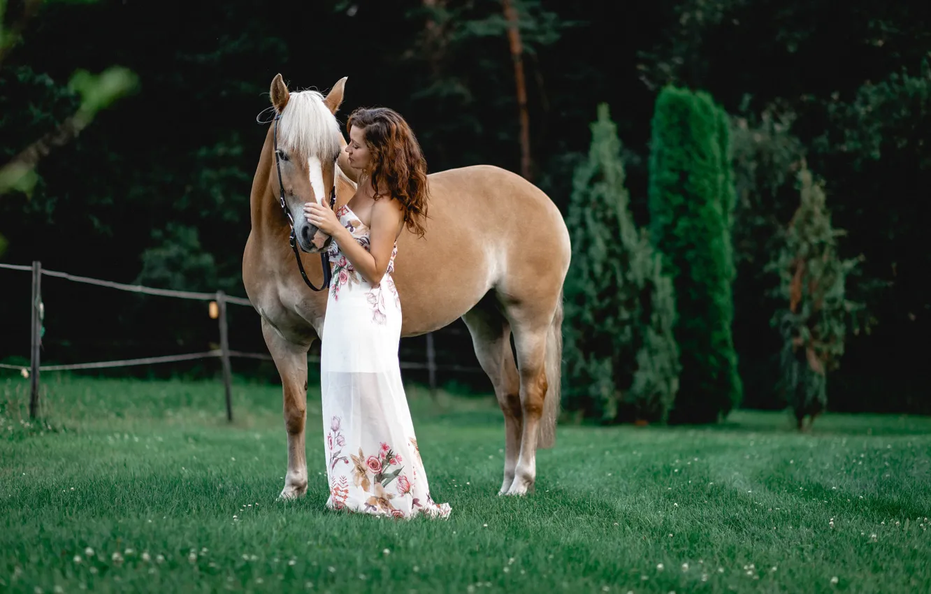 Photo wallpaper greens, grass, girl, trees, nature, horse, dress, hairstyle