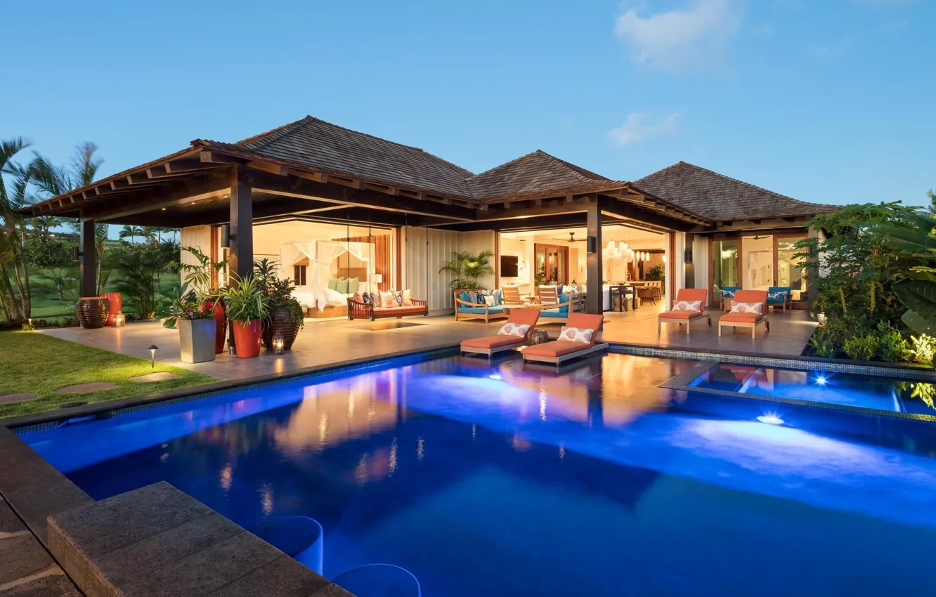 Photo wallpaper Villa, the evening, pool, lighting, Hawaii, architecture, Hawaii, terrace