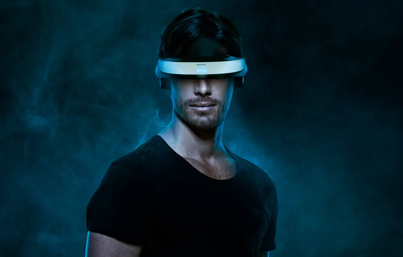 Photo wallpaper smoke, male, gadget, virtual reality headset