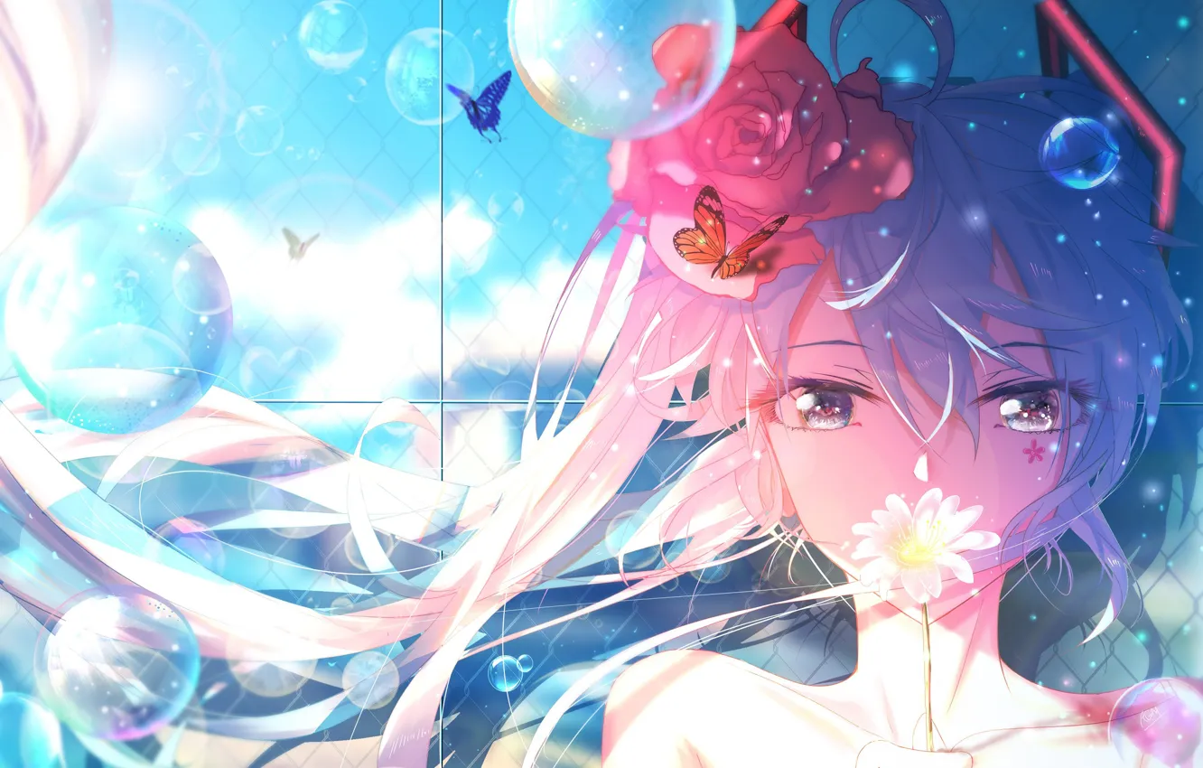 Photo wallpaper look, bubbles, rose, Hatsune Miku, Vocaloid, Vocaloid, Hatsune Miku