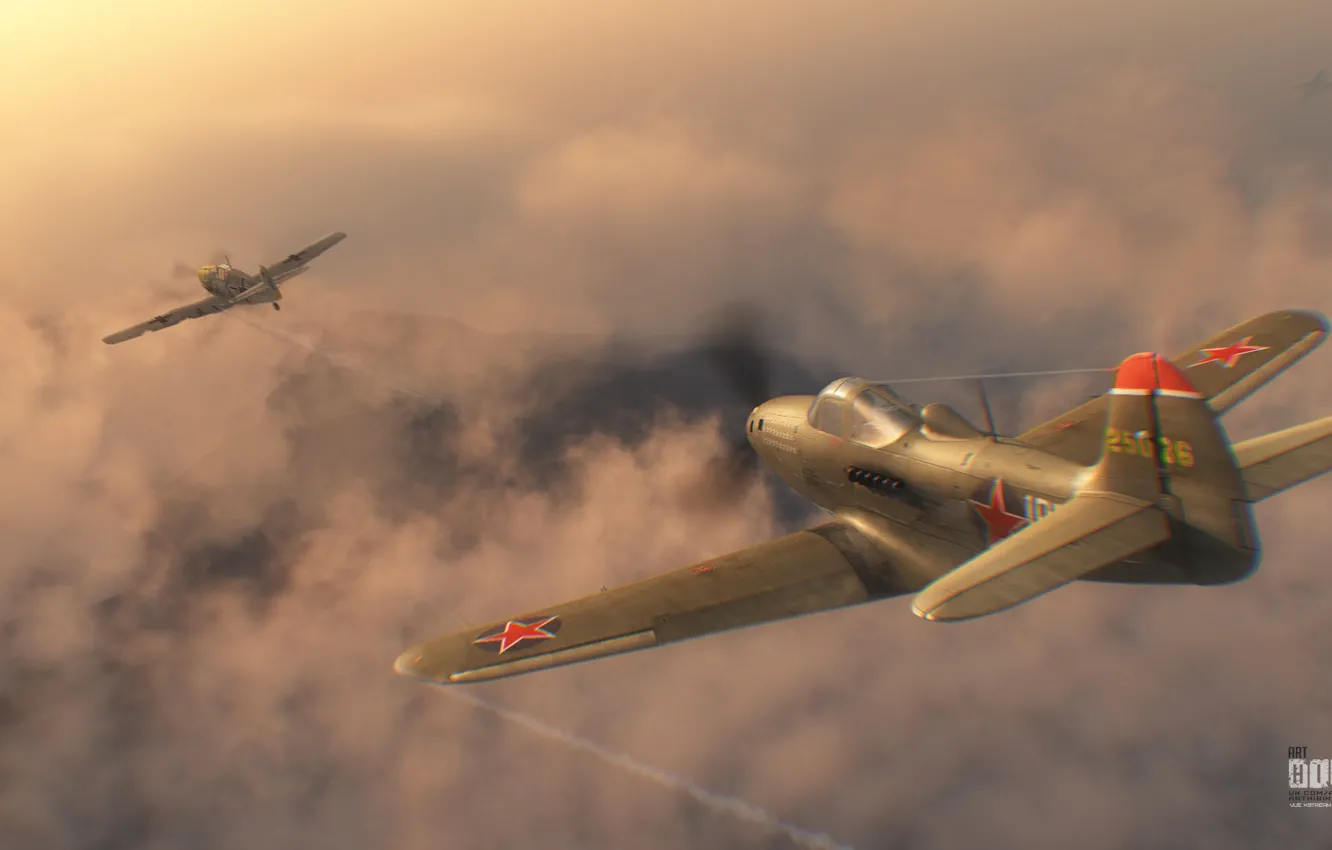 Photo wallpaper the sky, war, fighter, art, American, Soviet, piston, single-engine
