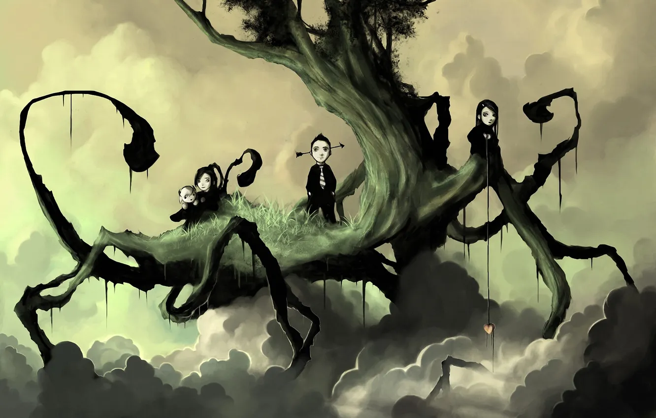 Photo wallpaper clouds, trees, heart, boy, art, girl, arrows