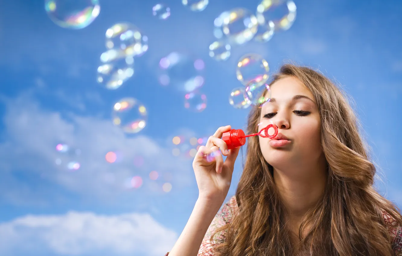 Photo wallpaper look, girl, face, mood, hair, bubbles