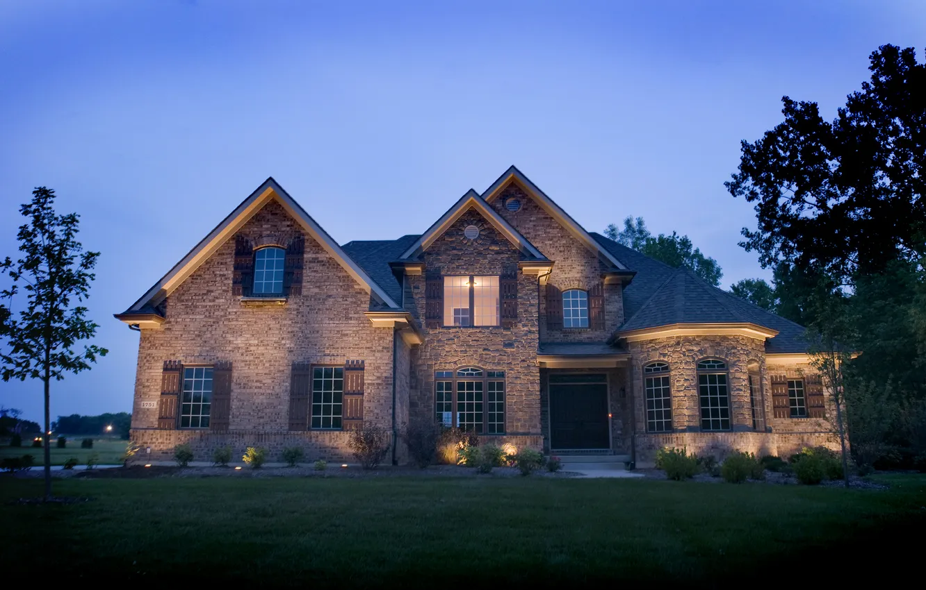 Photo wallpaper trees, night, lights, lawn, home, lights, mansion, the bushes