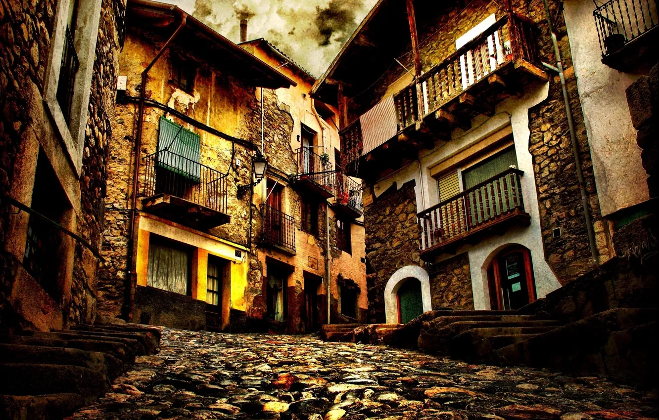 Photo wallpaper the city, narrow street, road leading between them