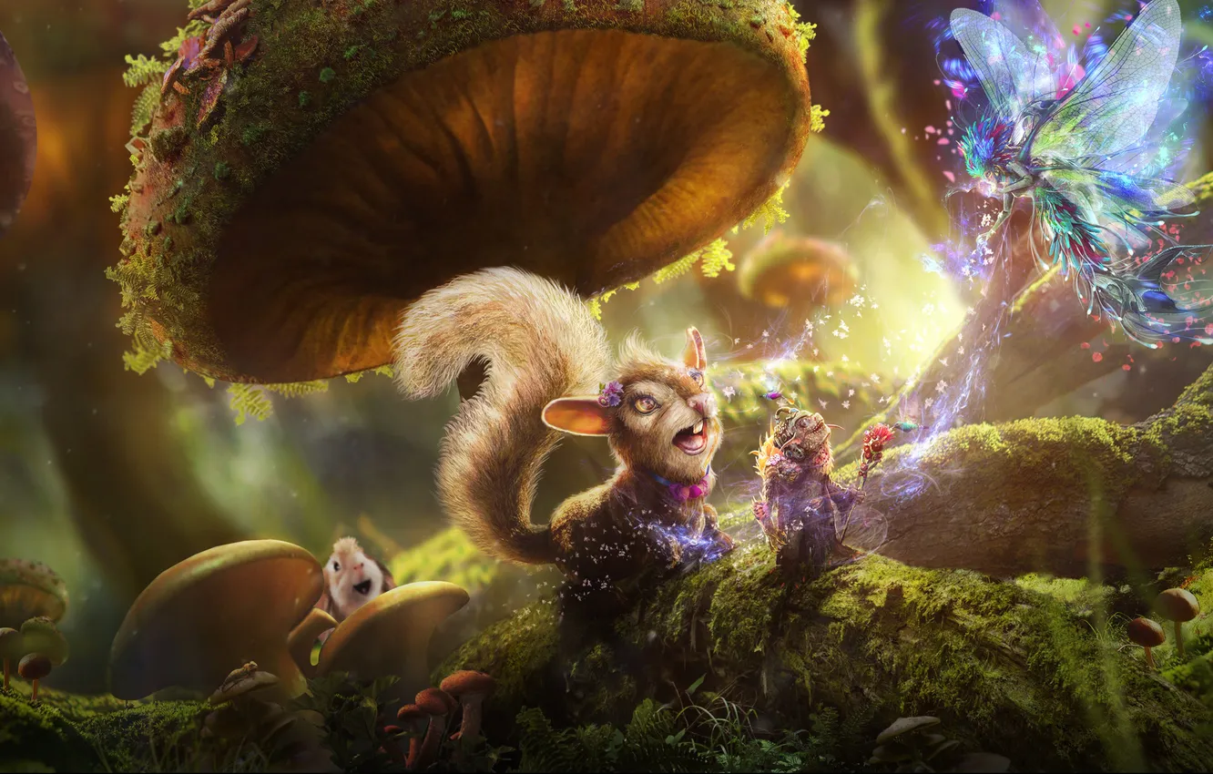 Photo wallpaper forest, grass, mushrooms, tale, rabbit, fairy, protein, art