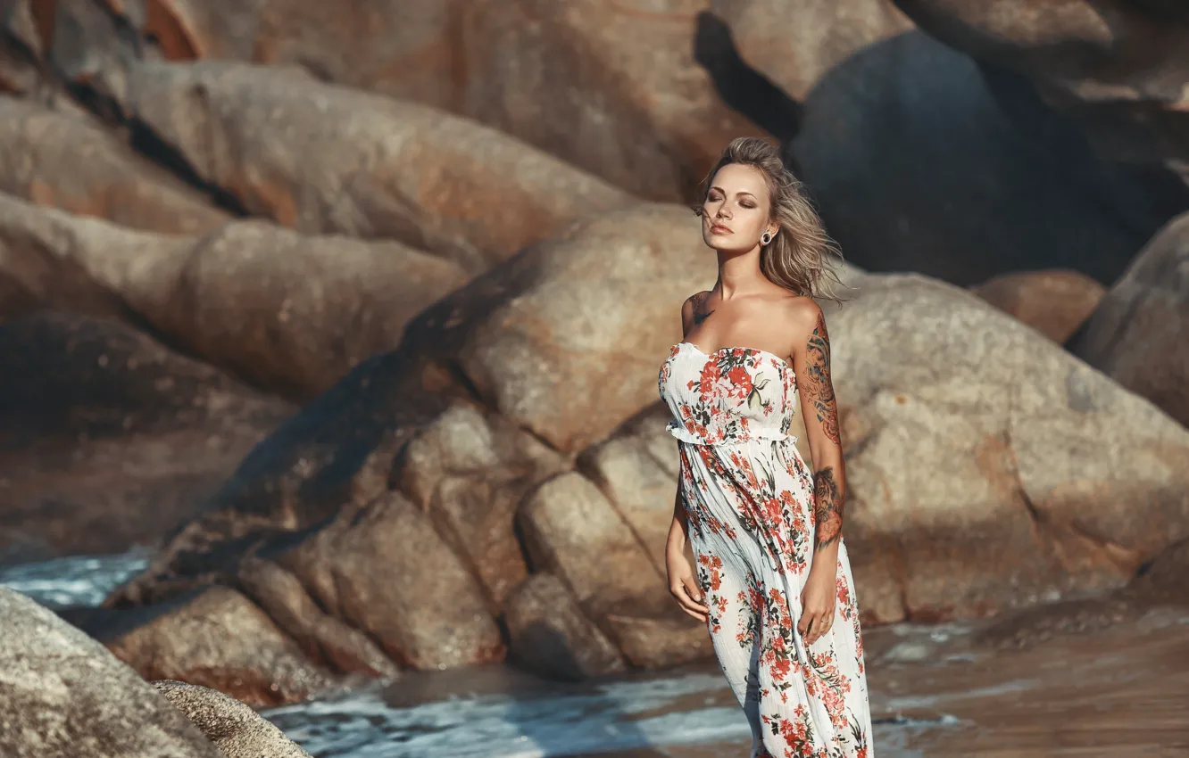 Photo wallpaper pose, beauty, hair, sea, girl, Alexander Burdov, photo, tattoo