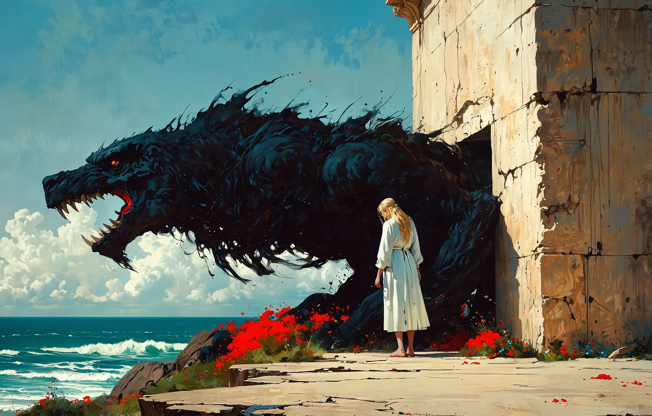 Photo wallpaper the victim, monster, the demon, Black dragon, burning eyes, The dragon's mouth, wool. predator, masonry