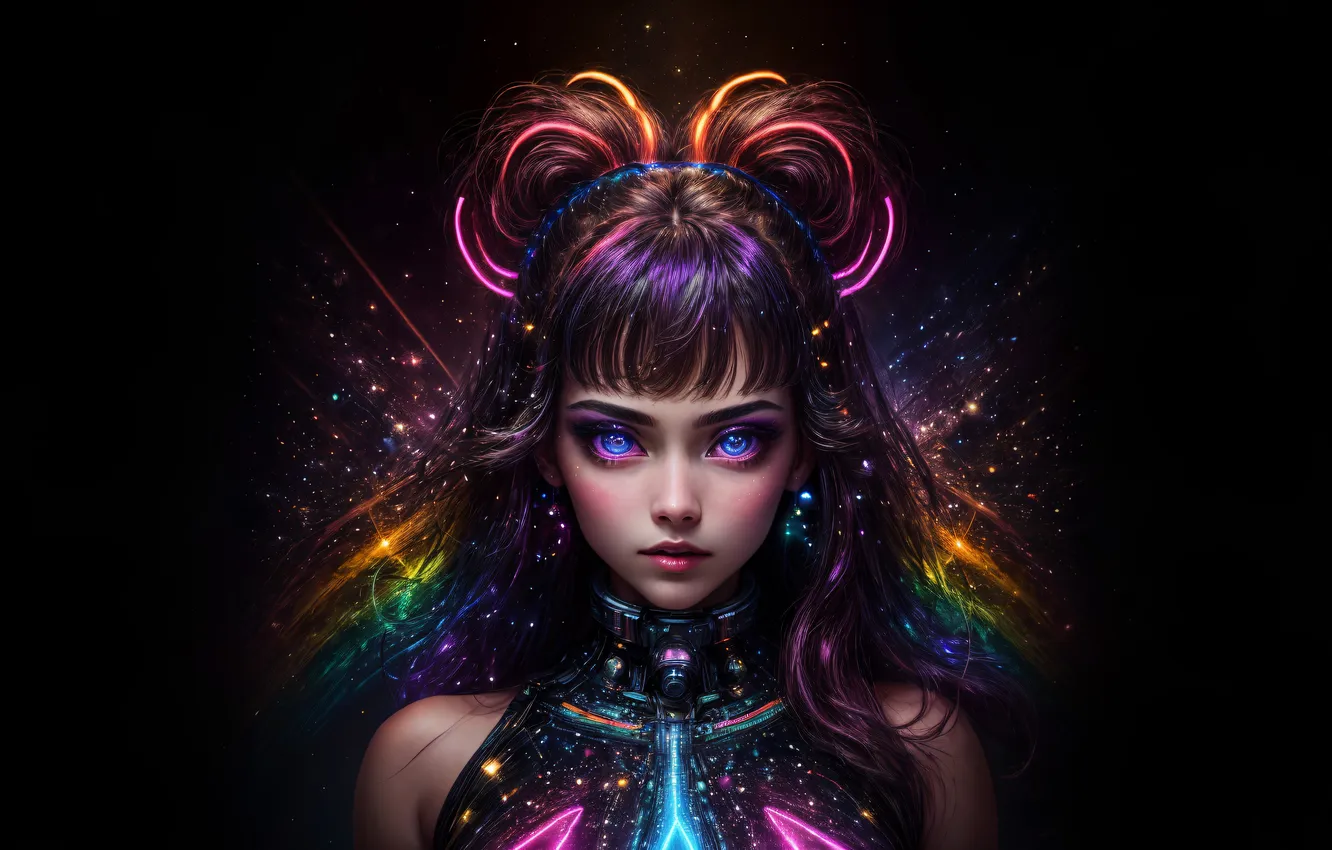 Photo wallpaper girl, hairstyle, cyborg, black background
