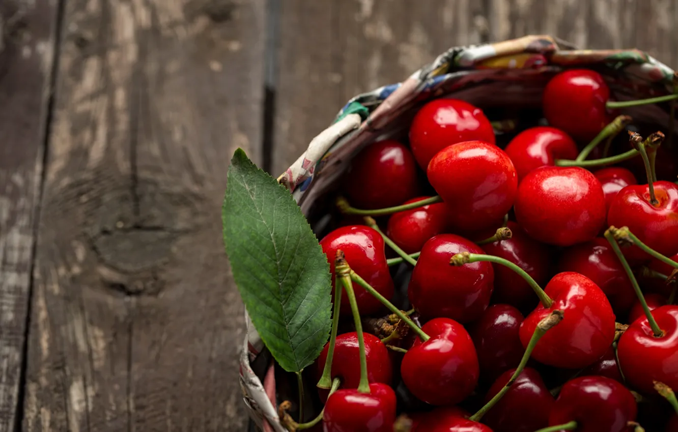Photo wallpaper berries, basket, fresh, wood, cherry, cherry, berries