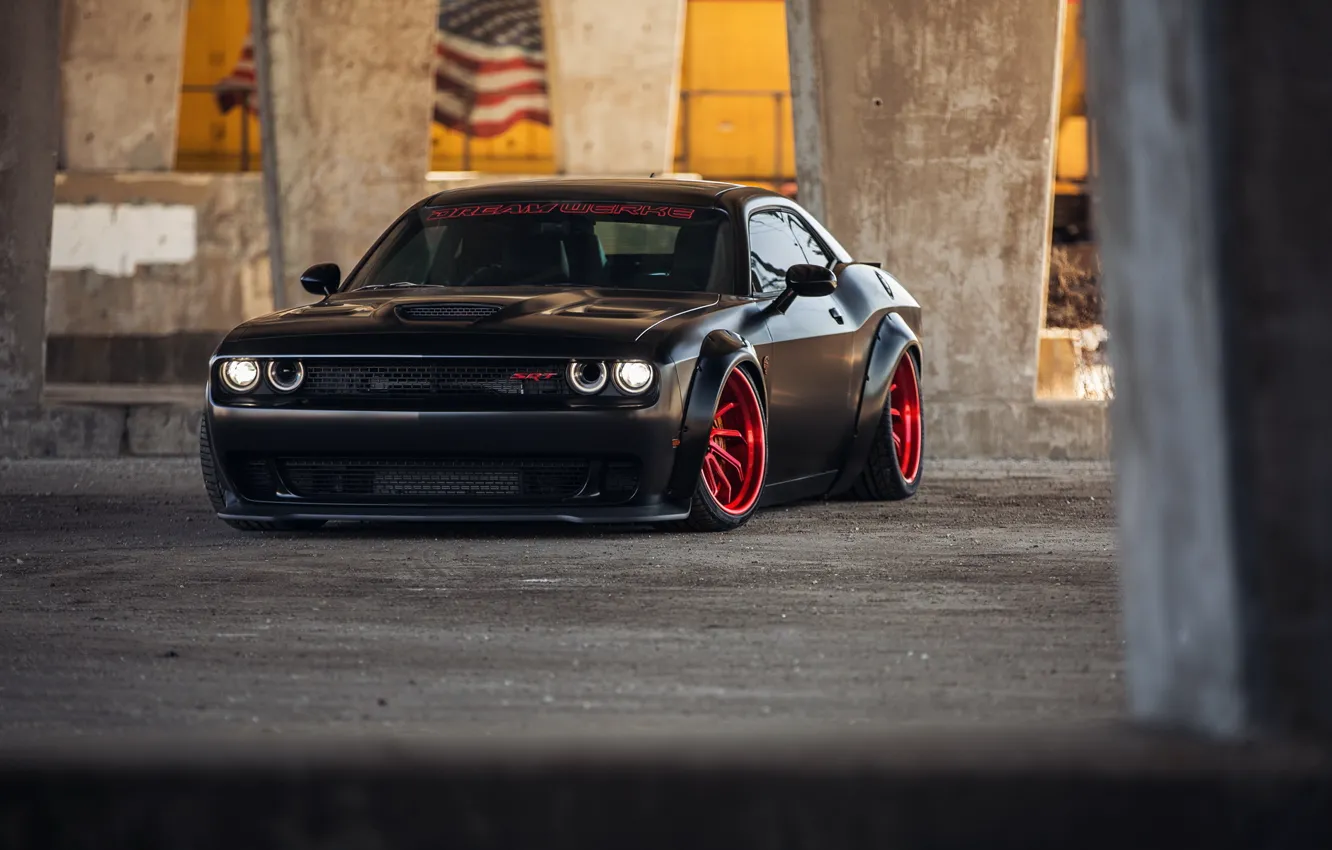 Photo wallpaper black, Dodge Challenger, tuning, SRT, Liberty Walk, HellCat