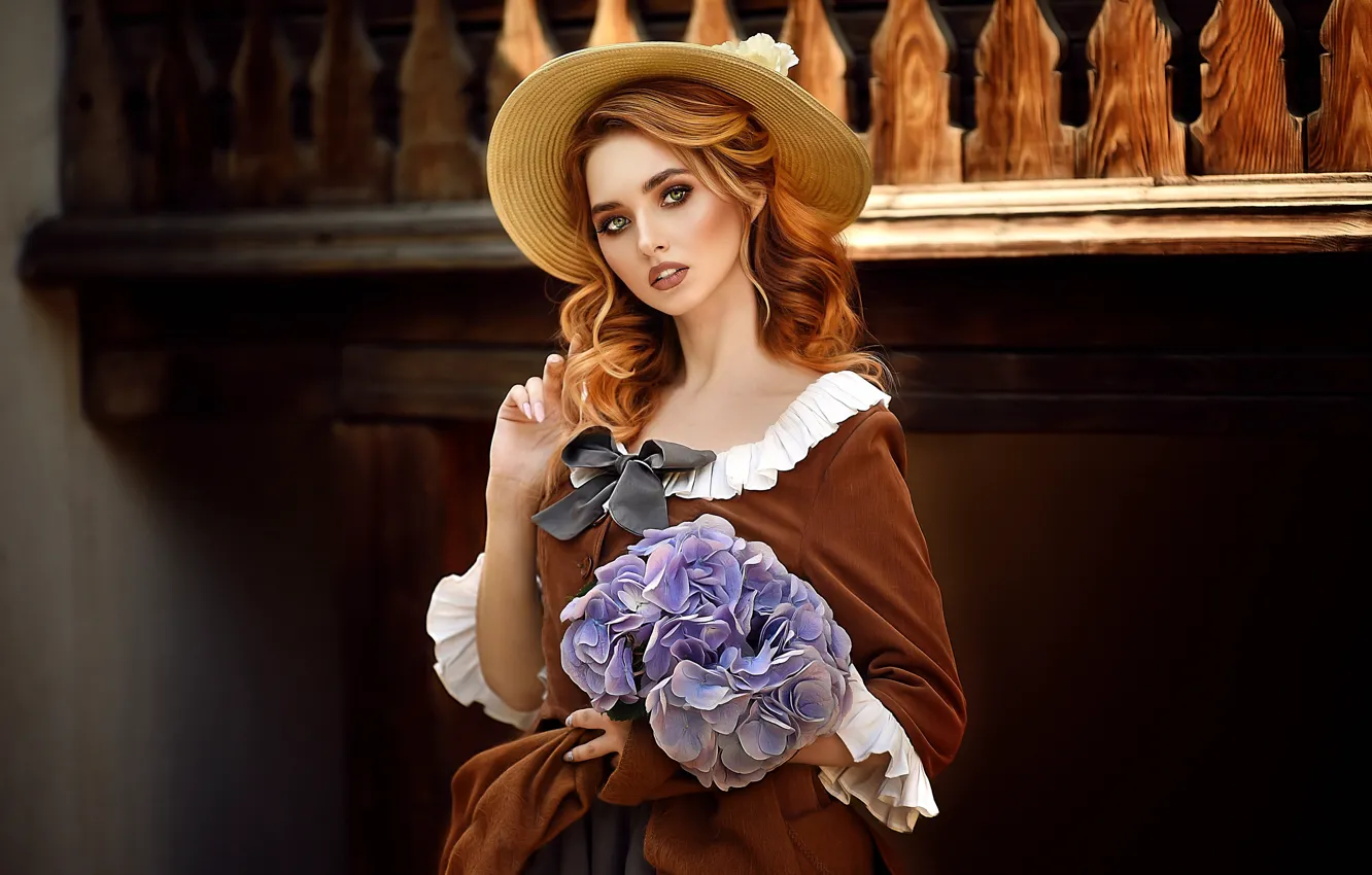 Photo wallpaper look, girl, flowers, hat, dress, red, curls, Elizaveta Svitenkova