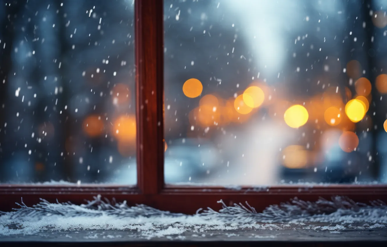 Photo wallpaper winter, frost, snow, lights, background, new year, window, Christmas