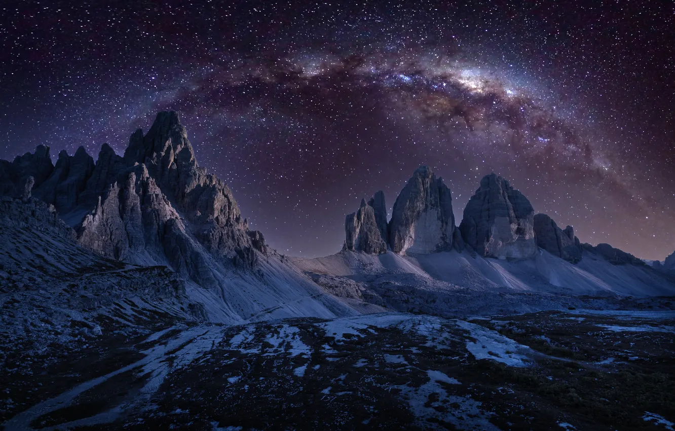 Photo wallpaper mountains, night, rocks, tops, the milky way, Dlomites