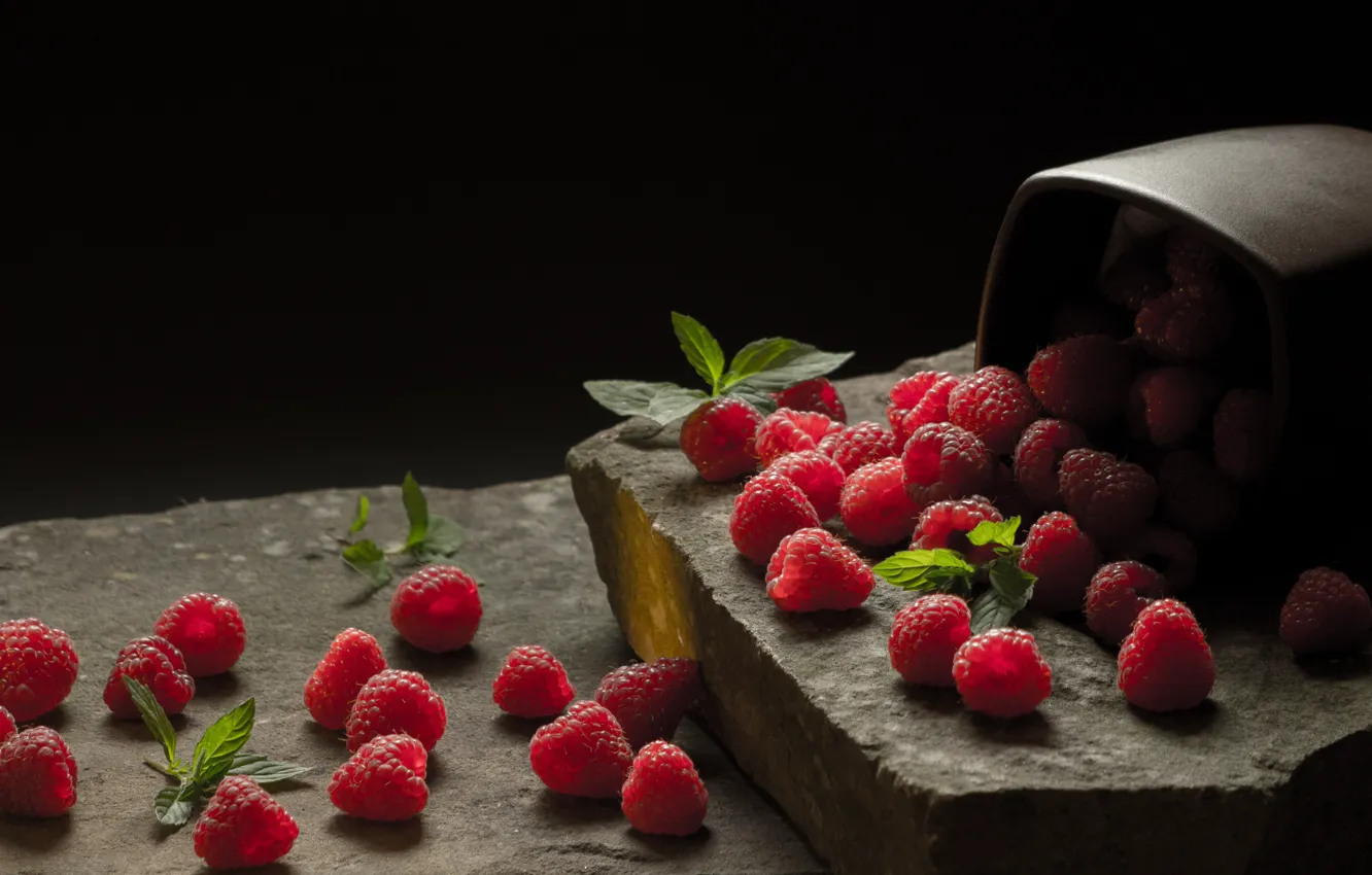 Photo wallpaper berries, raspberry, stones, mug, black background, placer