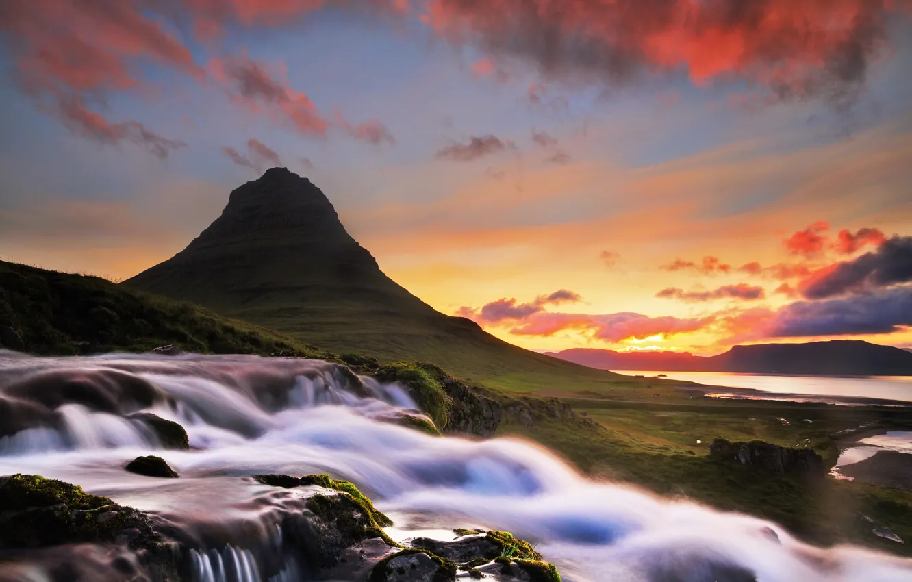 Photo wallpaper clouds, river, dawn, mountain, waterfall, morning, Iceland, Iceland