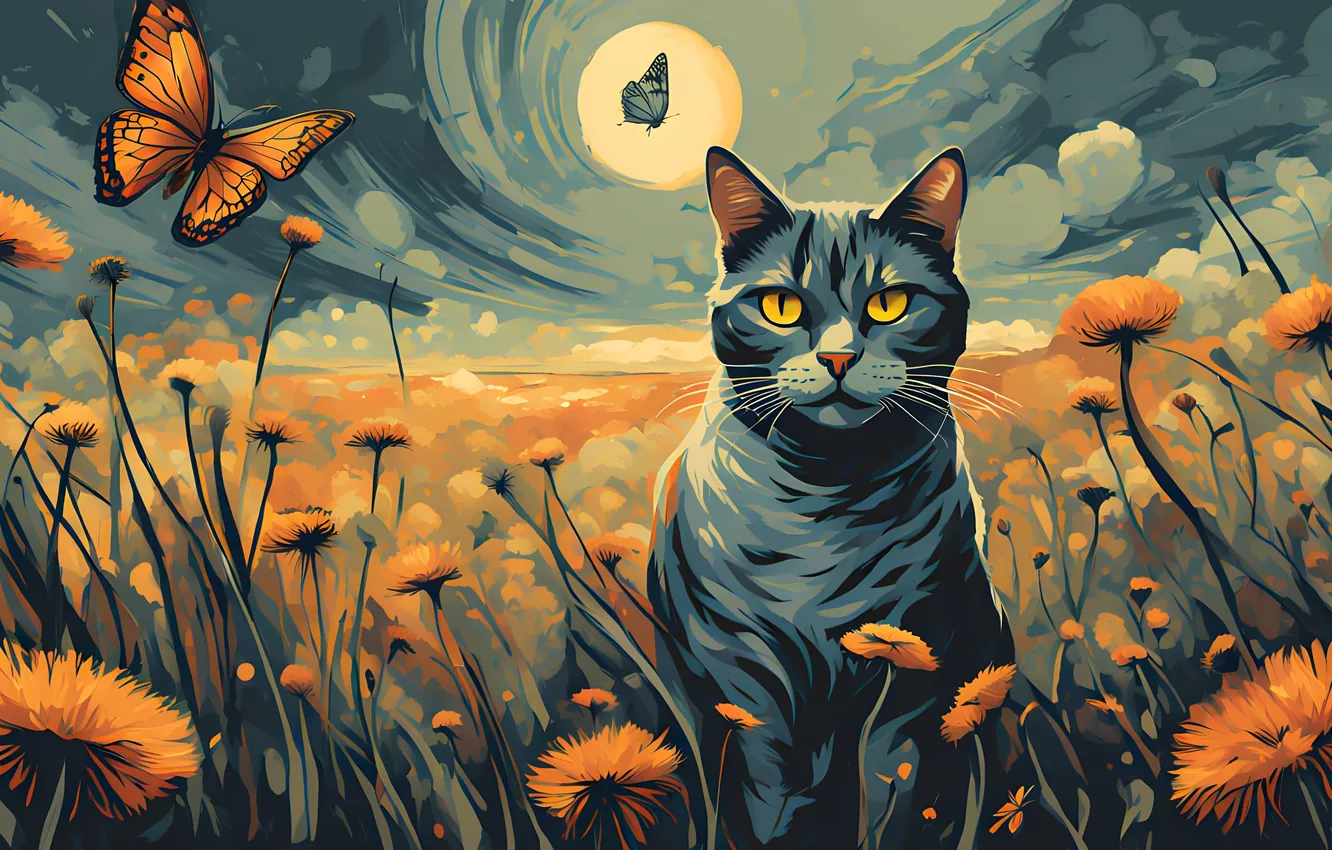 Photo wallpaper field, cat, the sky, cat, look, flowers, night, pose