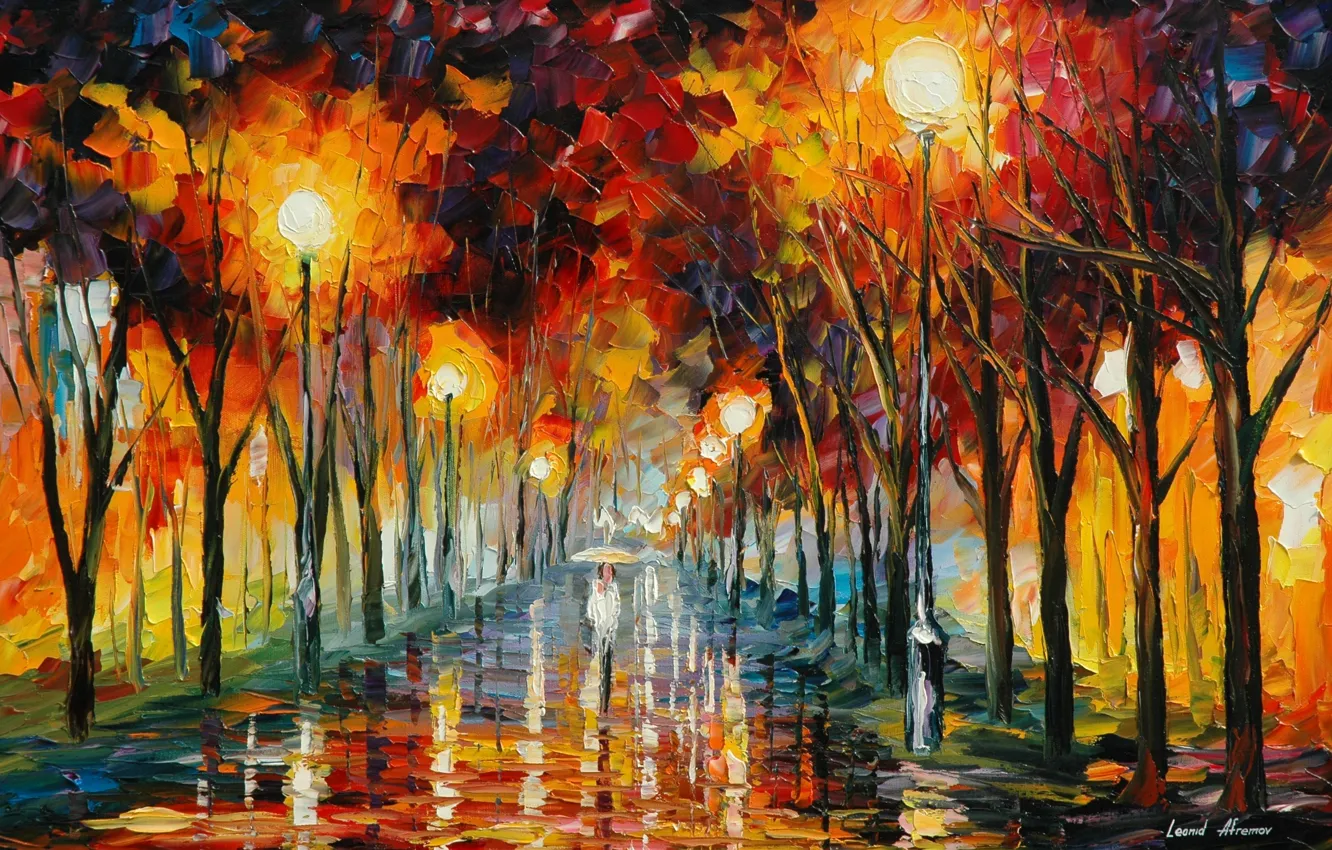 Photo wallpaper road, reflection, umbrella, rain, people, lights, painting, Leonid Afremov