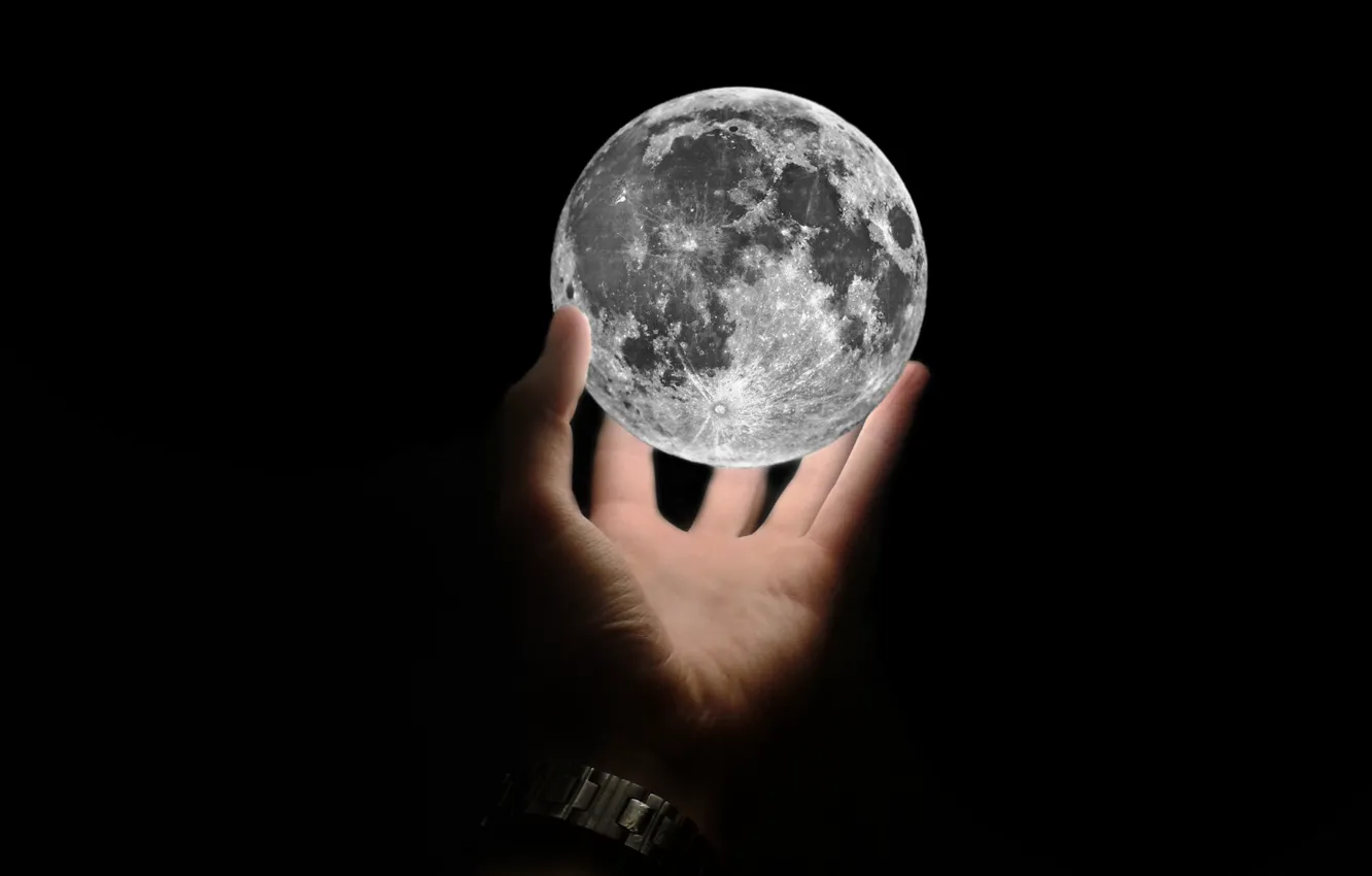 Photo wallpaper background, black, widescreen, Wallpaper, hand, satellite, The moon, Moon