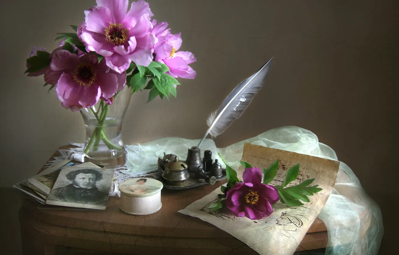 Photo wallpaper letter, flowers, feathers, still life, ink, peonies