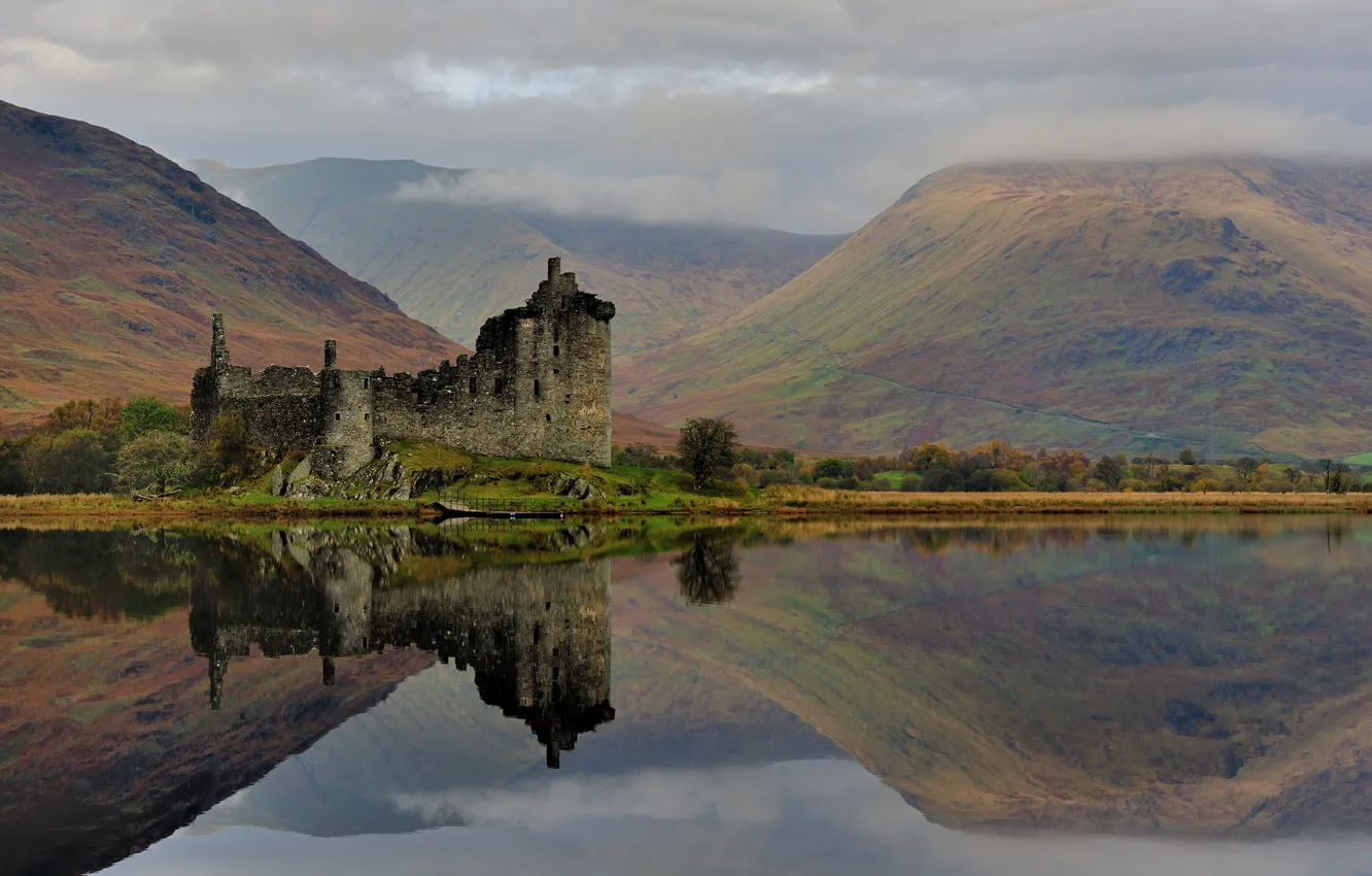 Photo wallpaper autumn, the sky, clouds, mountains, fog, lake, reflection, castle
