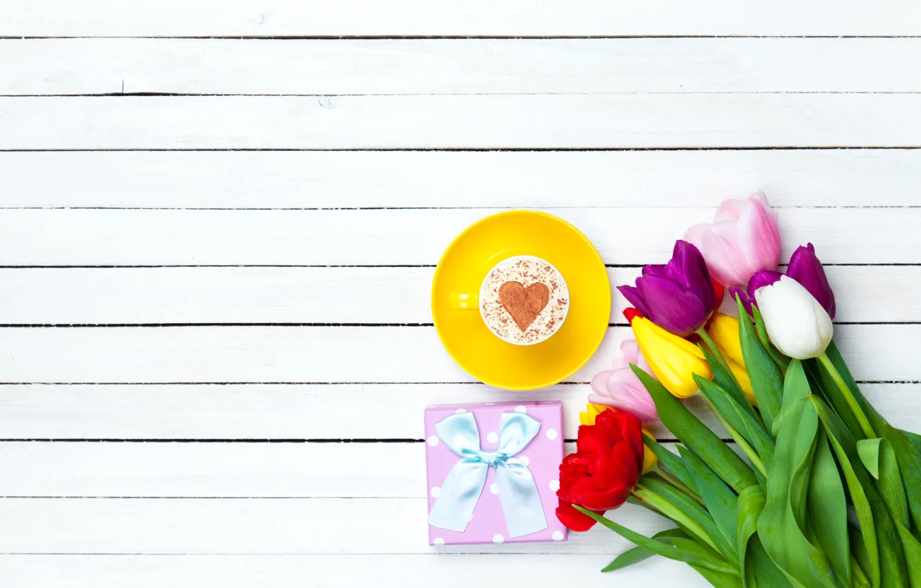 Photo wallpaper flowers, heart, colorful, tulips, heart, wood, cup, romantic