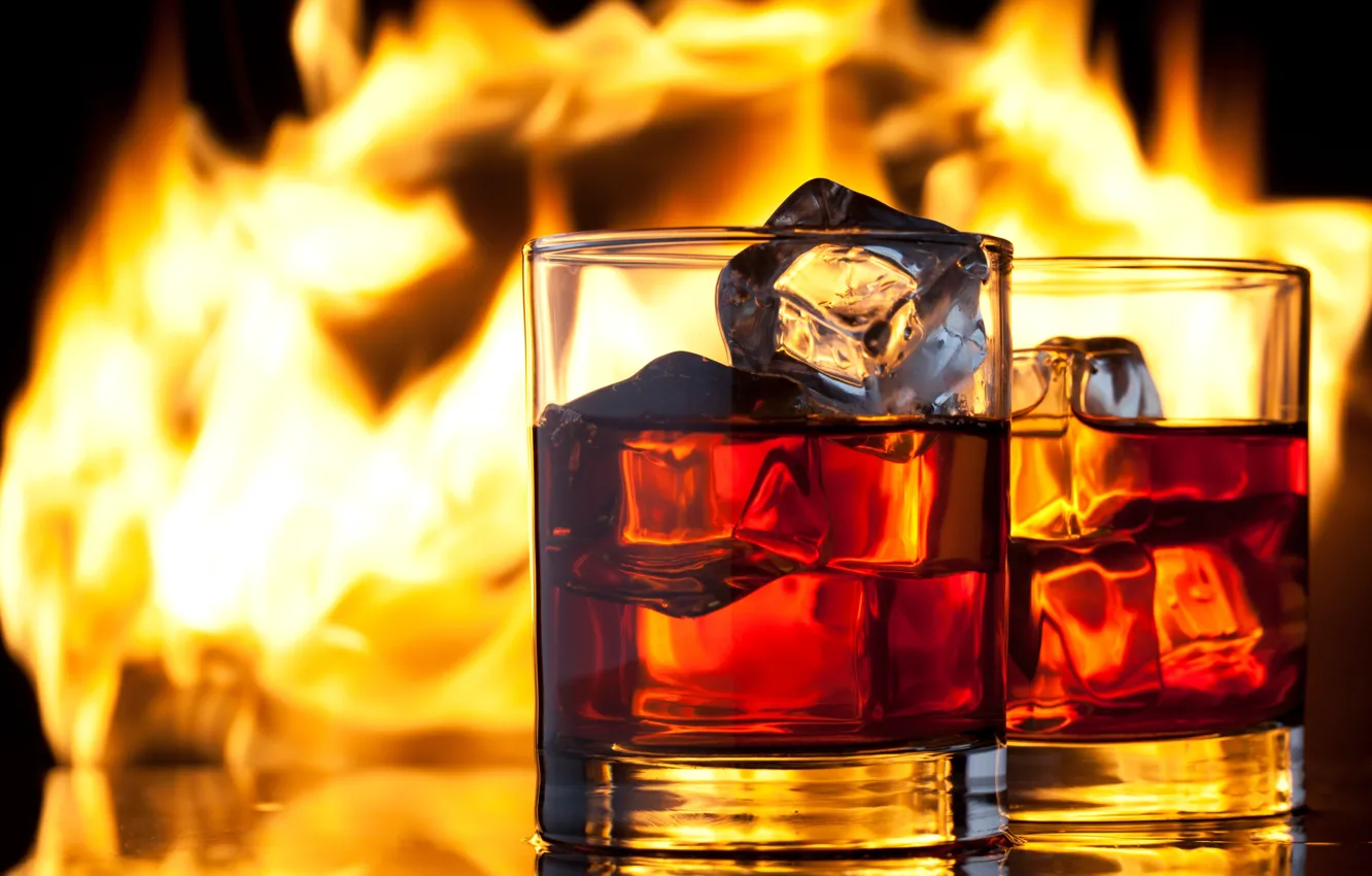 Photo wallpaper ice, lights, flame, glass, drink, whiskey