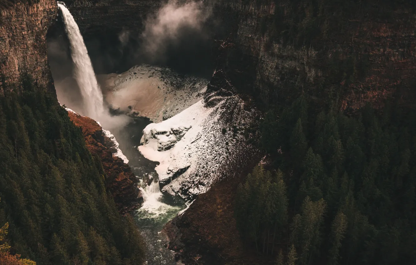 Photo wallpaper gorge, snow, waterfall, coniferous, trees, the rapid flow