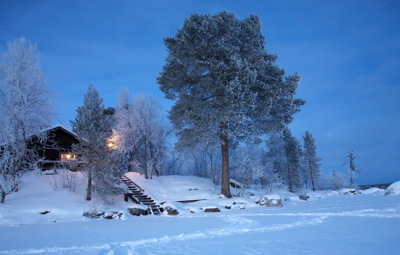 Photo wallpaper winter, snow, house, Finland, Lapland