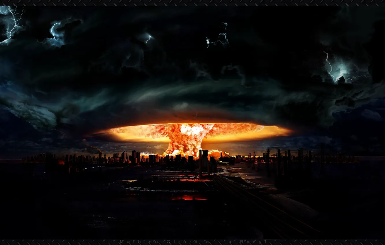 Photo wallpaper the explosion, Apocalypse, figure, mushroom, art, nuclear, the city. flame