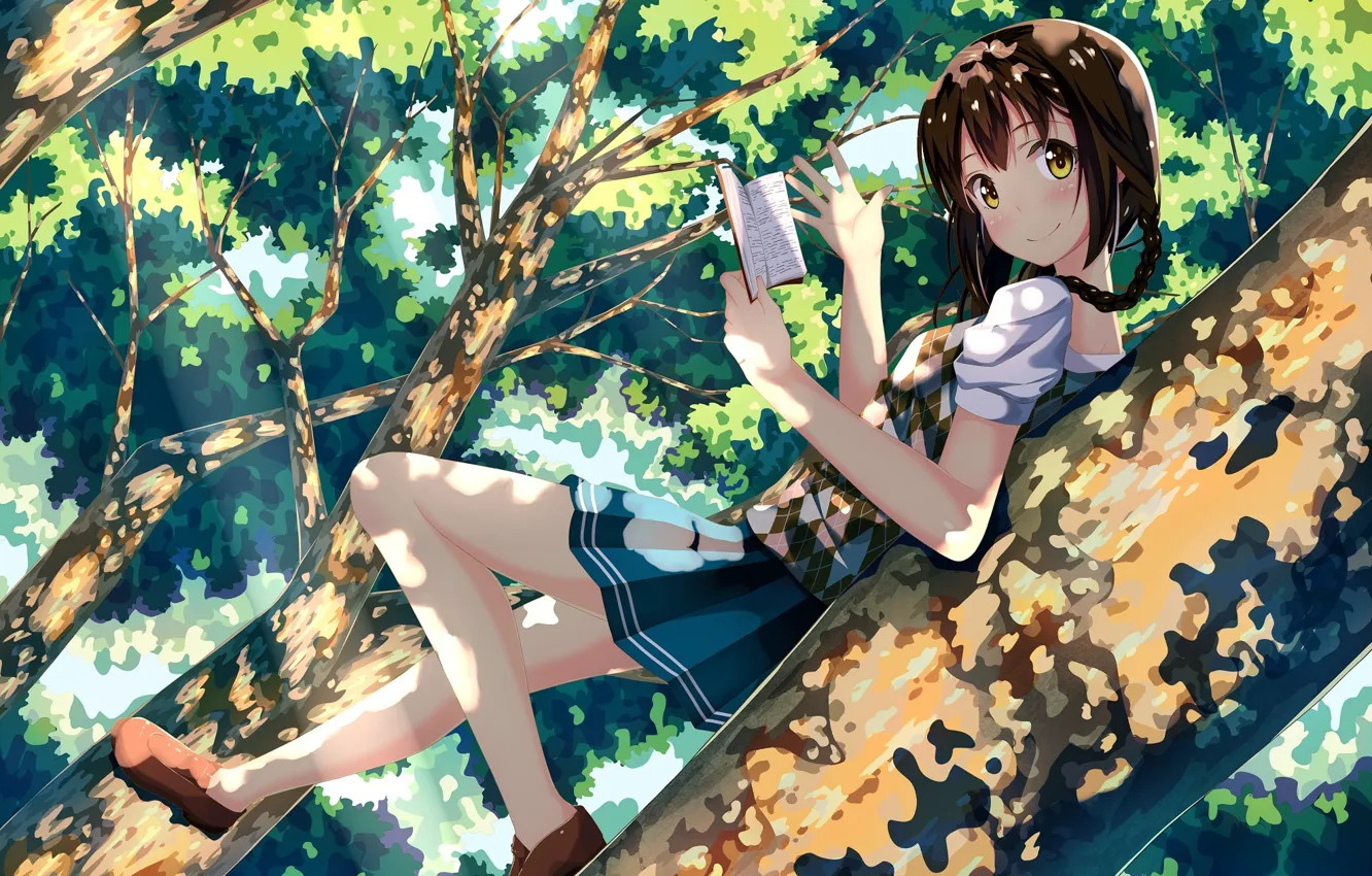Photo wallpaper girl, the sun, trees, smile, branch, foliage, anime, art