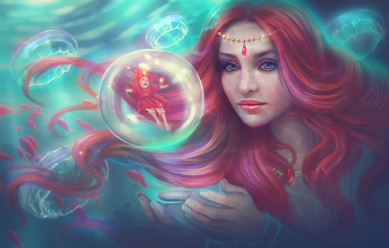 Photo wallpaper sea, water, girl, bubbles, hair, fish, art, jellyfish